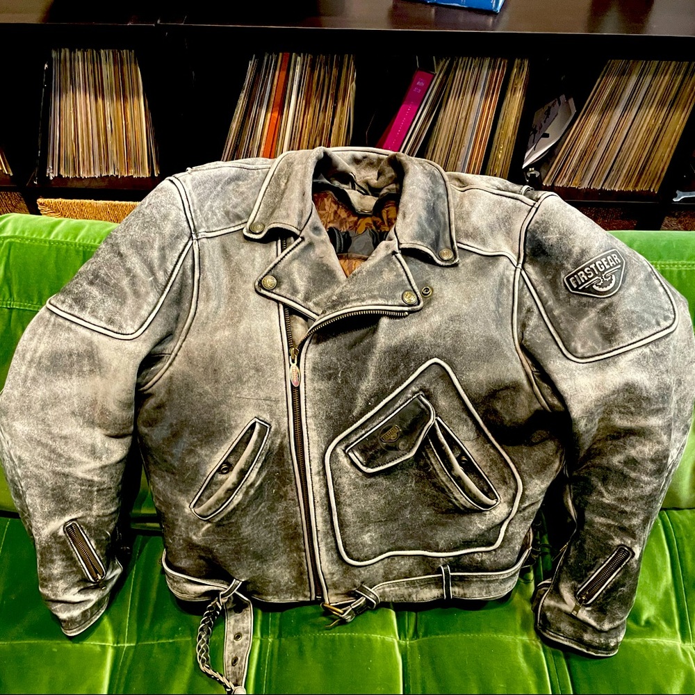 Vintage FIRSTGEAR weathered leather biker jacket. Extra Large